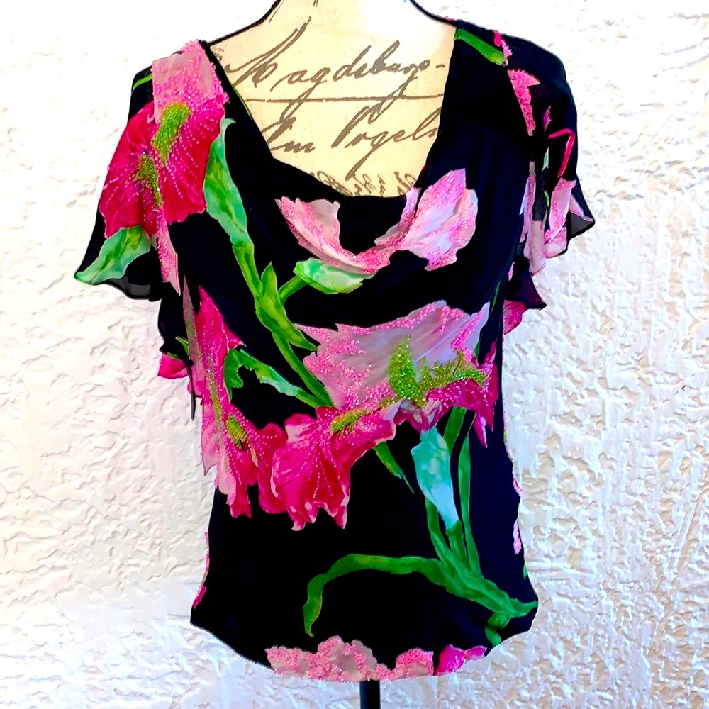 🌺Stunning Embellished Silk Floral Flutter Sleeve Blouse